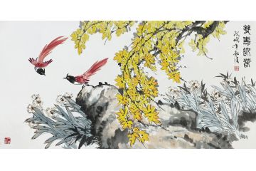 邱和法国画绶带鸟图《双寿迎春》