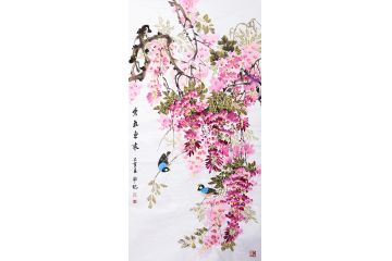 潜力画家邱冰冰国画紫藤图竖幅佳作《紫气东来》