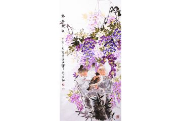 画家邱冰冰四尺竖幅花鸟画新作《紫气东来》