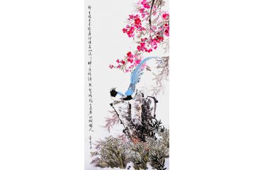画家邱冰冰四尺竖幅写意花鸟作品《锦上添花》