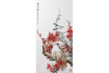 邱冰冰国画红梅图佳作《梅开五福》