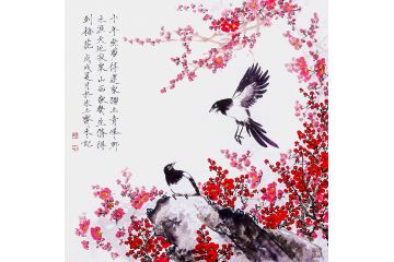 邱冰冰老师斗方国画梅花图《梅鹊图》