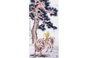 邱冰冰国画牧童放牛图《牧童》