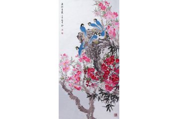 画家邱冰冰四尺竖幅花鸟画《无限春光》
