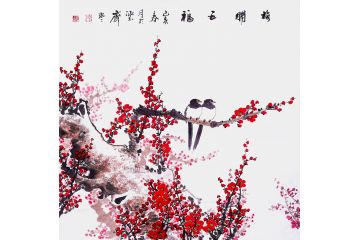国画梅花图 邱冰冰斗方红梅图《梅开五福》