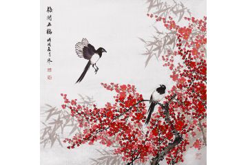 国画四君子 邱冰冰斗方红梅图《梅开五福》