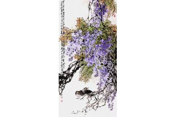 中美协会员王忠义四尺竖幅国画紫藤图《密叶隐歌鸟 香风留美人》