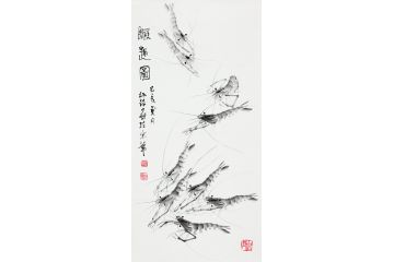 朴喆老师三尺竖幅写意花鸟画《虾趣图》