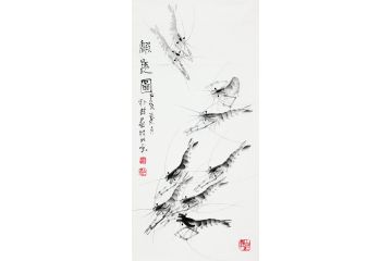 齐白石孙媳 朴喆三尺竖幅《虾趣图》