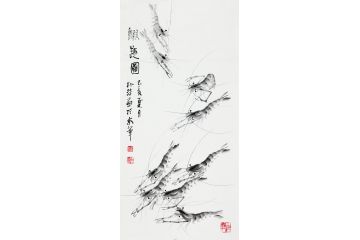 字画收藏 朴喆三尺竖幅《虾趣图》