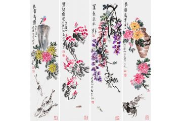 齐派艺术 朴喆老师最新写意花鸟画佳作《花鸟四条屏》