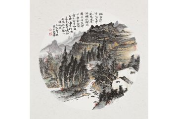 中美协张林荣新品斗方山水画《醉穿深竹入空亭》