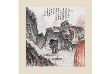 名家张林荣新品创作斗方山水画《万堞暮烟碧》