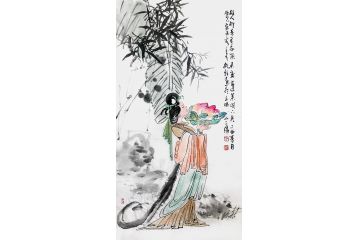 郭执铨四尺竖幅人物画《故人解寄吾家果，未变蓬莱阁下香》