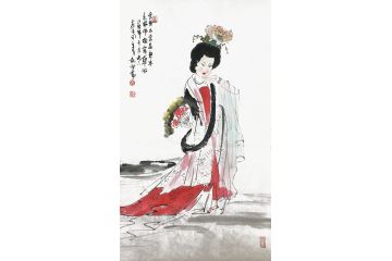 国画仕女图 郭执铨写意人物画作品《云想衣裳花想容，春风拂槛露华浓》