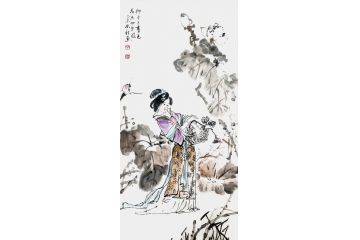 郭执铨国画仕女图《柳占三春色，荷香四座风》