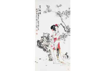 国画仕女图 郭执铨国画人物作品《赏梅图》