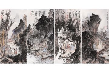 美协画家张林荣山水人物四条屏《黄落山川知晚秋》