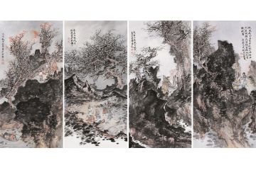 张林荣新品国画仿古山水人物四条屏《秋风曲》