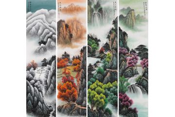刘燕姣新品国画四条屏山水画作品《春夏秋冬》