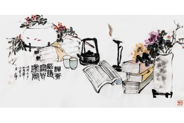 何文铮四尺横幅花鸟画《禅茶悟道 富贵家风》