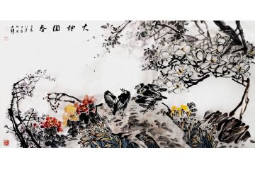 吉祥家居挂画 何文铮四尺横幅花鸟画《大地回春》