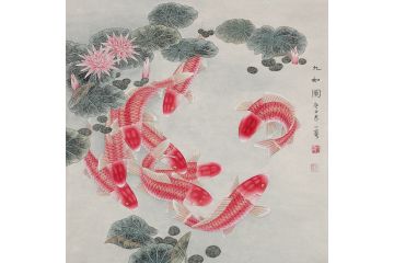 招财风水画 王一容荷花九鱼图《九如图》