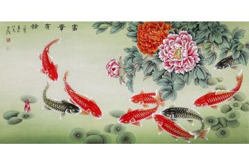 王一容四尺横幅牡丹鲤鱼图《富贵有余》