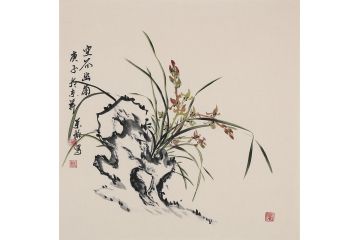 玄关茶楼挂画 石荣禄斗方花鸟画《空谷幽兰》