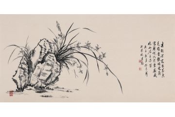 石荣禄四尺横幅兰花图《春到深处万兰香 色雅贵艳独爱兰 富丽何须厅堂庙 藏娇山谷自芬芳》