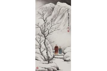 吴大恺新品创作小尺寸雪景山水画《雪中论禅》