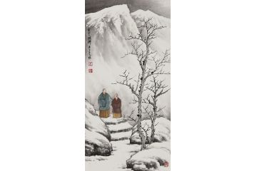 吴大恺国画创作小尺寸山水画雪景图《雪中问禅》