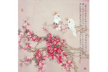 周永辉精美斗方花鸟画《人间四月芳菲尽，山寺桃花始盛开》
