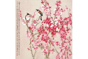 周永辉斗方桃花图《人间四月芳菲尽，山寺桃花始盛开》