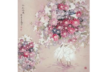 周永辉斗方山花仙鹤图《山花烂漫》