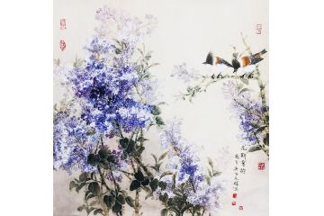 周永辉精美斗方花鸟画《花期有约》