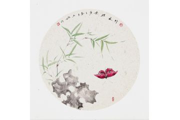 玉婉新品斗方花鸟画《竹风蝶影》