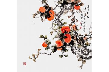 石荣禄新品斗方柿子图《事事如意》