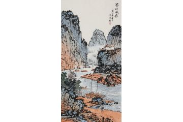 常为仿古山水画四尺竖幅作品《蜀川帆影》