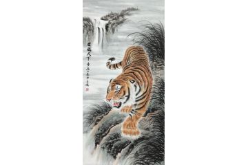 猛虎镇宅图 毕方四尺竖幅动物画老虎《君临天下》