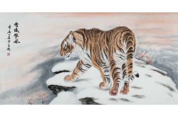 动物画老虎 毕方四尺横幅老虎图《雪域雄风》