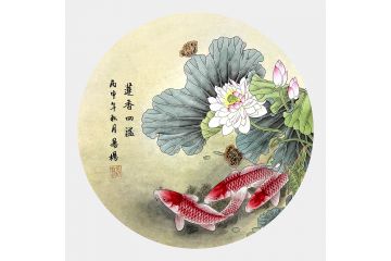 餐厅挂画 易杨老师斗方花鸟画《莲香四溢》