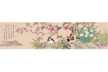 玉婉四尺横幅花鸟画《灵云一笑见桃花 三十来年始到家》