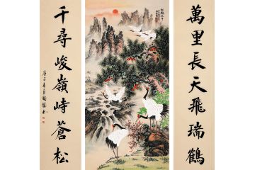 中堂挂画必选 李国胜对联字画作品《松鹤延年》
