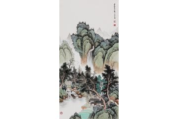 吴大恺新品国画创作青绿山水画《云边青山新》