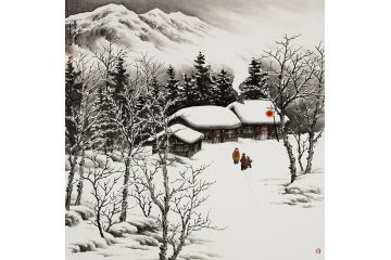 吴大恺新品创作国画斗方雪景山水画《童年往事》