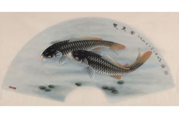 工笔重彩传人王一容工笔花鸟画《双鱼图》