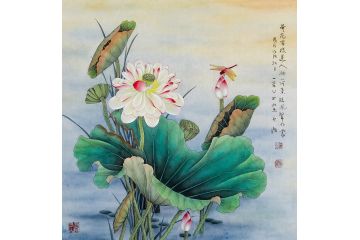 王一容精美工笔荷花图《荷花宫样美人妆 荷叶临风翠作裳》