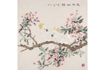 王一容精美新品斗方花鸟画《花开心语》