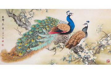王一容新品工笔佳作孔雀图《吉祥春晖》